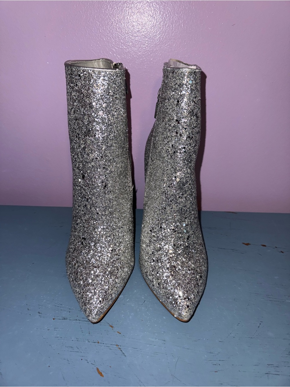 Shoe Dazzle Silver Glitter Pointed Ankle Booties